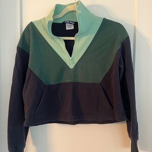 Outdoor Voices Two-Tone Quarter-Zip Pullover in Mint and Navy Cropped